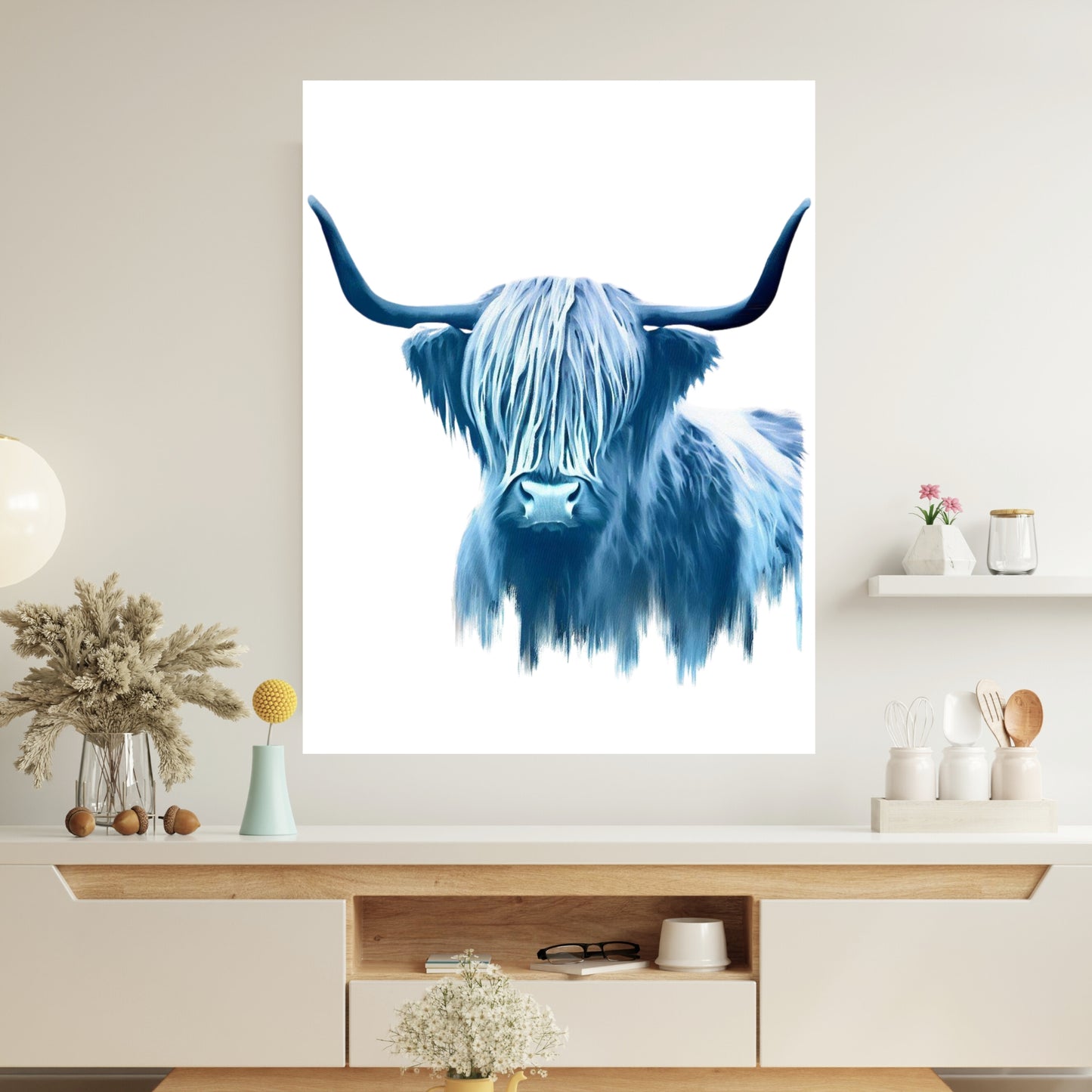 Hamptons Highland Cow Wall Art Canvas Print